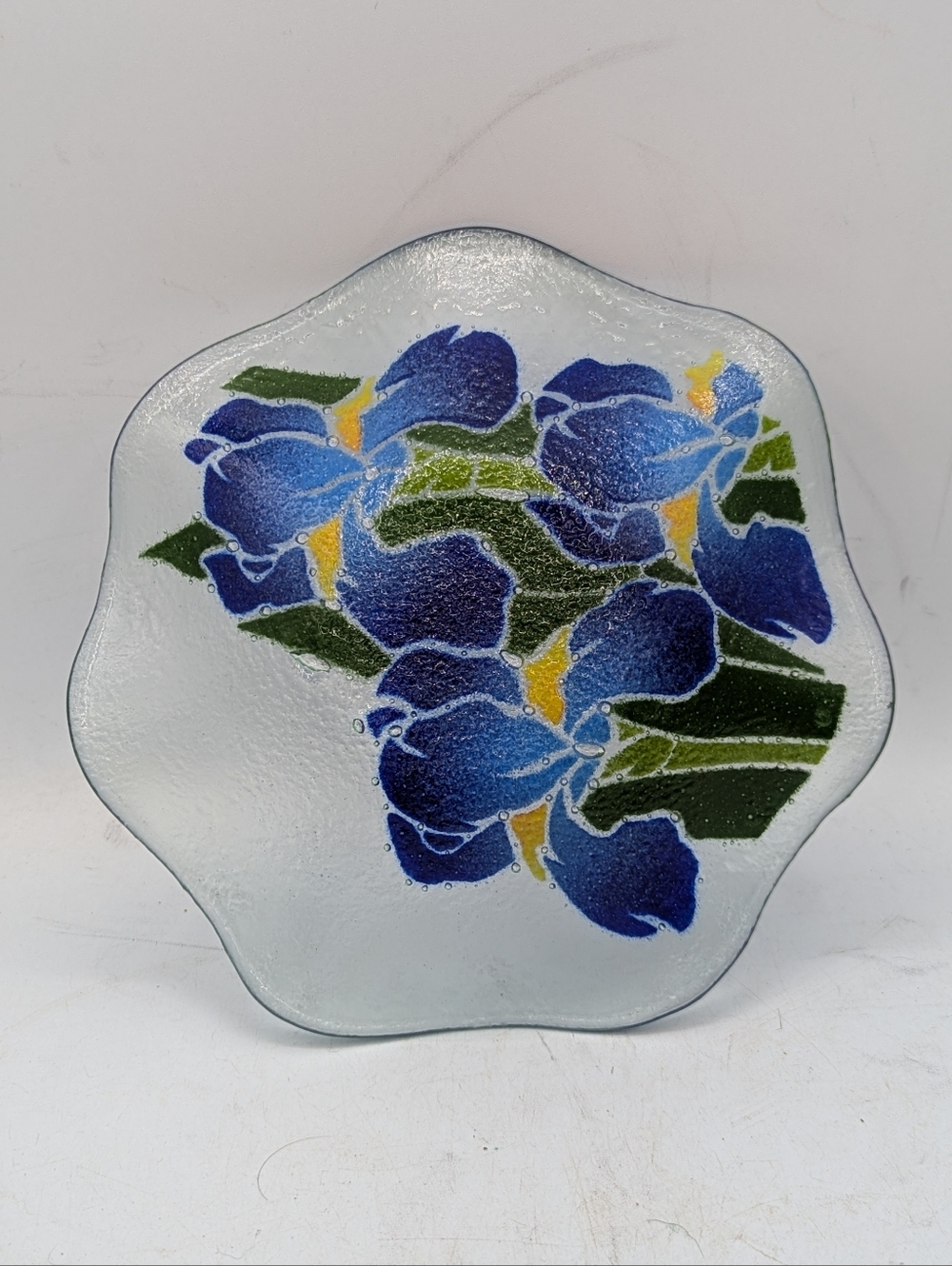 Handcrafted Fused Glass Iris Art Bowl - Blue Bearded Iris Floral Slumped Glass -